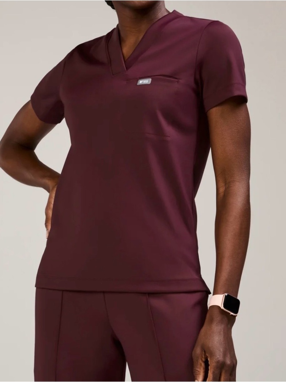 FIGS Sona FORMx Slim V-Neck Scrub Top in burgundy